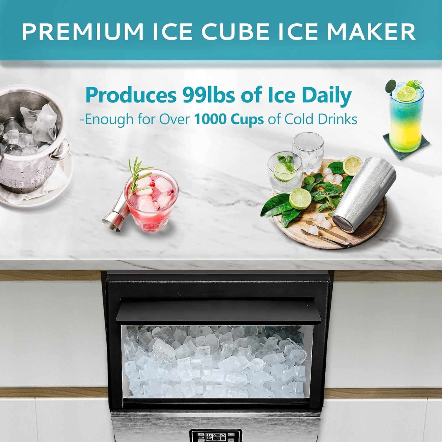 EUHOMY Commercial Ice Maker Machine, 99lbs/24H Stainless Steel Under Counter ice Machine with 33lbs Ice Storage Capacity, Freestanding Ice Maker.