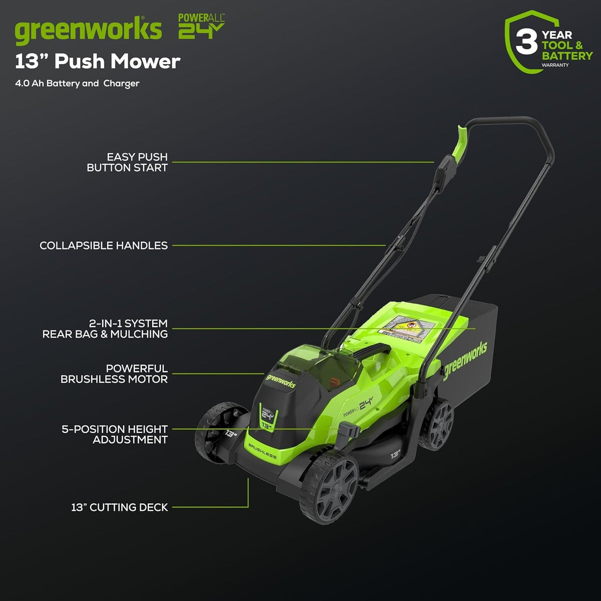 Greenworks 24V 13" Brushless Cordless (Push) Lawn Mower, 4.0Ah Battery and Charger Included